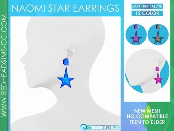 Alpha NAOMI STAR EARRINGS by redheadsims - The Sims 4 custom content