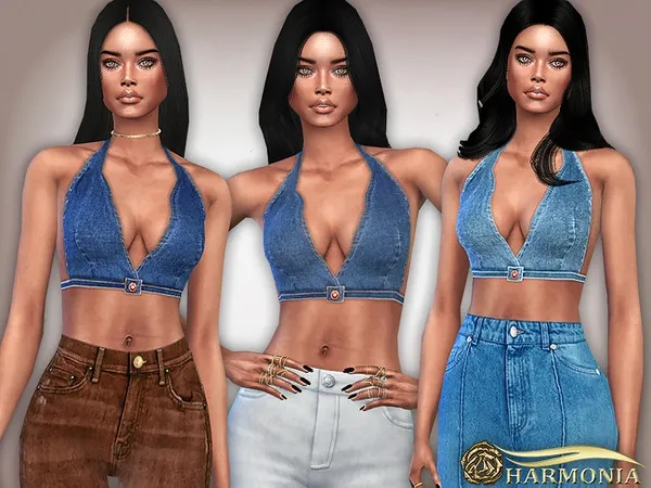 Maxis Match Halter Neck Denim Crop Top - The Sims 4 Custom Content