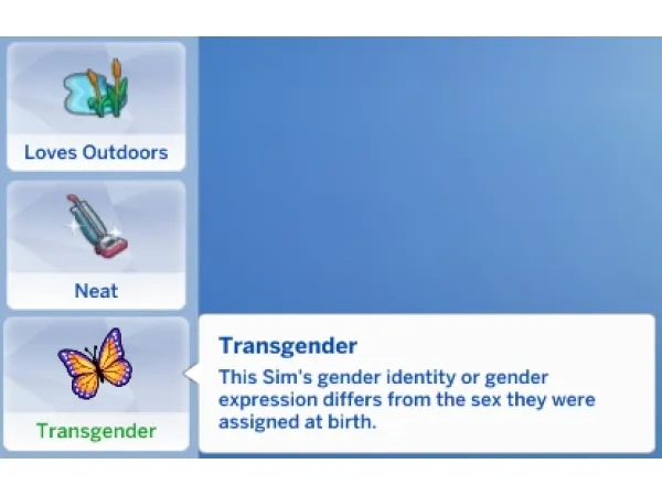 Maxis Match Transgender Trait by Sresla - The Sims 4 Custom Content