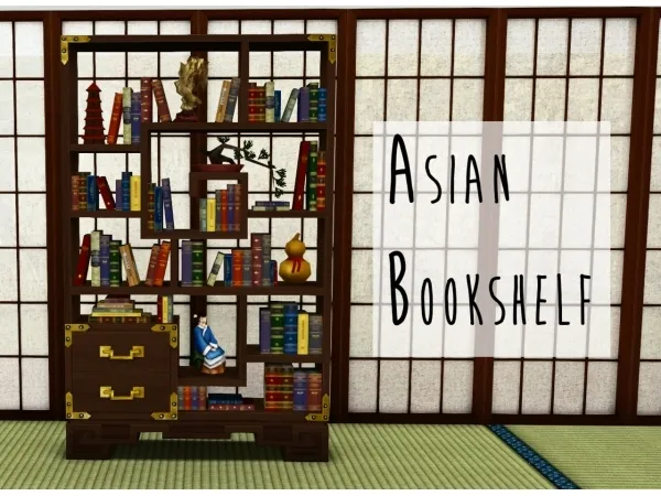 Alpha Asian Bookshelf by teanmoon - The Sims 4 Custom Content