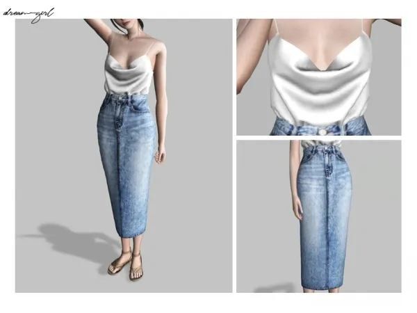 Alpha [ d r e a m g i r l ] loose satin top long denim skirt - The Sims 4 Custom Content