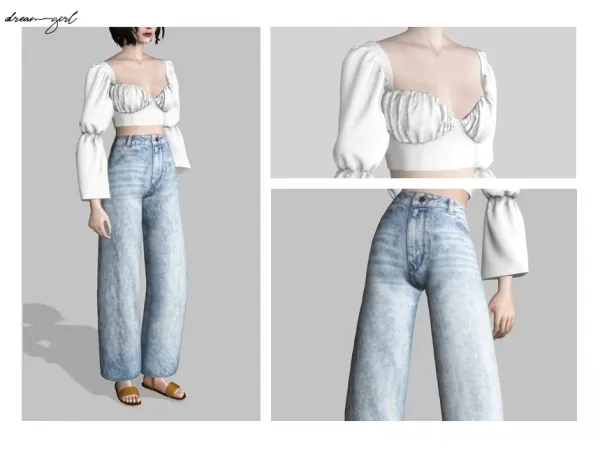 Mix [ d r e a m g i r l ] r u f f l e b u s t i e r w i d e d e n i m j e a n s - The Sims 4 Custom Content