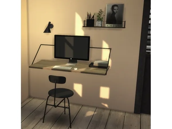 Alpha Menu Rail Desk Wood and Metal Floating Wall Shelf - The Sims 4 Custom Content