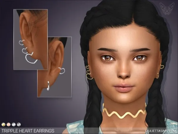 Alpha Triple Heart Earrings For Kids - The Sims 4 Custom Content