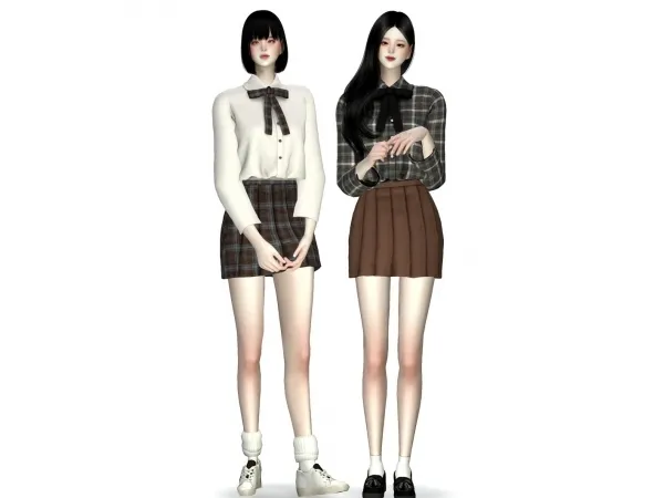 Maxis Match ribbon blouse pleats skirt set seol by yun - The Sims 4 Custom Content