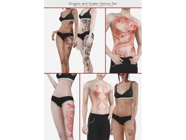 Mix Tattoos Set #3 Dragon and Snake marysims by ms - The Sims 4 custom content
