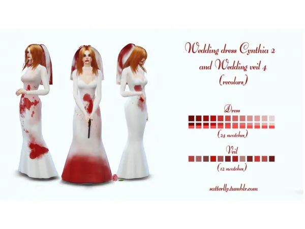 Alpha Bloody Bride Wedding Dress Cynthia 2 and Wedding Veil 4 (bloody recolors) - The Sims 4 Custom Content