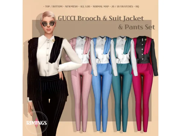 Alpha [RIMINGS] GUCCI Brooch Suit Jacket Pants Set - The Sims 4 Custom Content