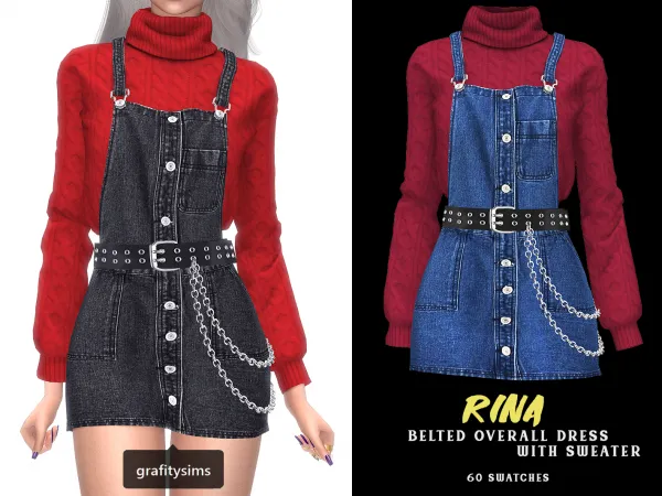 Alpha Rina Belted Overall Denim Dress with Turtleneck Sweater - The Sims 4 Custom Content