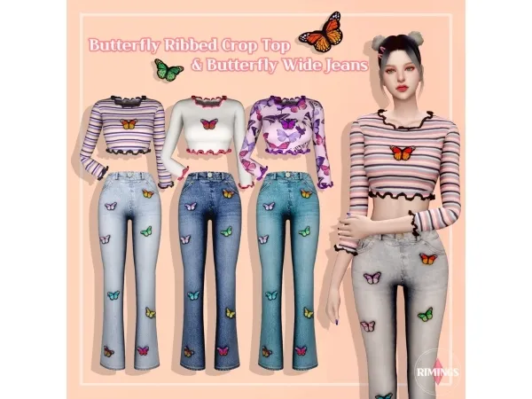 Alpha [RIMINGS] Butterfly Ribbed Crop Top Butterfly Wide Jeans - The Sims 4 Custom Content