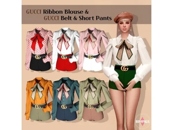 Alpha [RIMINGS] GUCCI Ribbon Blouse GUCCI Belt Short Pants - The Sims 4 Custom Content