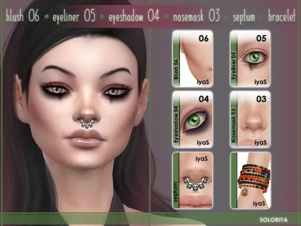 Alpha Blush 06 eyeliner 05 eyeshadow 04 nosemask 03 septum bracelet by soloriya - The Sims 4 Custom Content