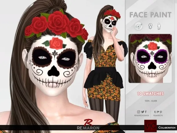 Alpha remaron's Halloween Mexican Skull Face Paint 01 Collab Viy Sims - The Sims 4 Custom Content