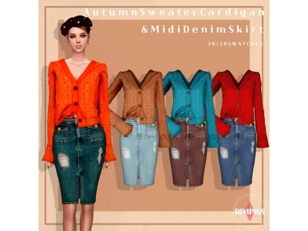 Alpha [RIMINGS] Autumn Sweater Cardigan Midi Denim Skirt - The Sims 4 Custom Content