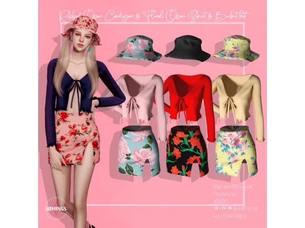 Alpha [RIMINGS] Ribbed Open Cardigan Floral Open Skirt Bucket hat - The Sims 4 Custom Content