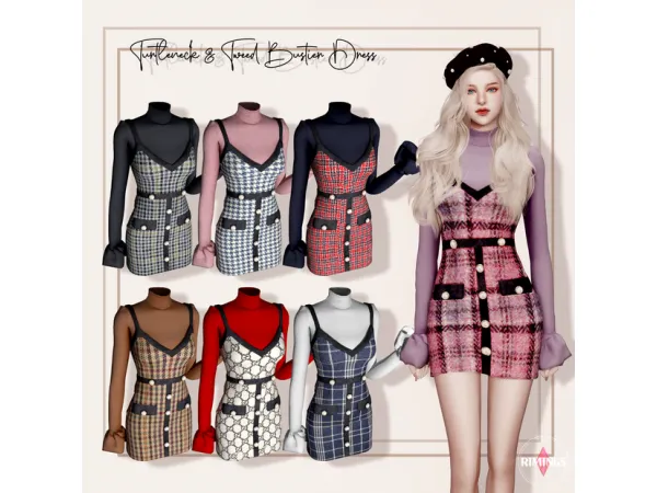 Alpha [RIMINGS] Turtleneck Tweed Bustier Dress by RIMINGS - The Sims 4 Custom Content