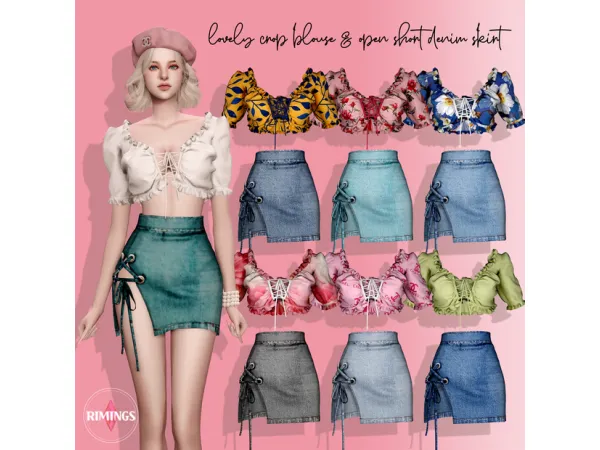 Alpha [RIMINGS] Lovely Crop Blouse Open Short Denim Skirt by RIMINGS - The Sims 4 Custom Content