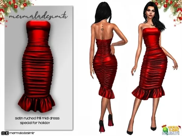 Alpha mermaladesimtr's 2020 Holiday Collab Satin Ruched Frill Midi Dress - The Sims 4 Custom Content
