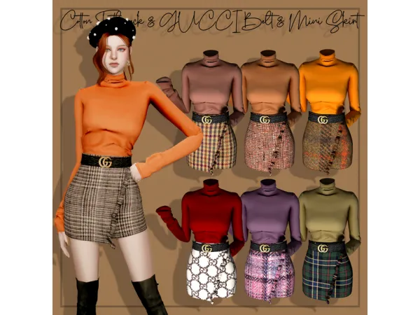Alpha [RIMINGS] Cotton Turtleneck GUCCI Belt Mini Skirt by RIMINGS - The Sims 4 Custom Content