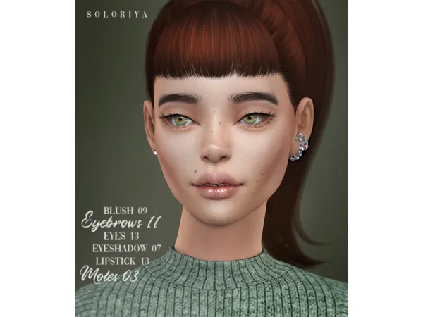 Blush 09, eyebrows 11, eyes 13, eyeshadow 07, lipstick 13, moles 03. Sims 4. by soloriya