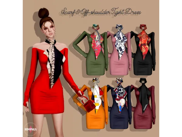 Alpha [RIMINGS] Scarf Off shoulder Tight Dress by RIMINGS - The Sims 4 Custom Content