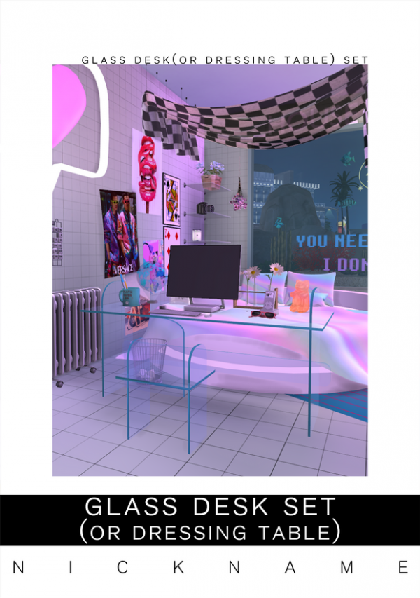 Alpha glass desk(or Dressing table) set by simsfinds - The Sims 4 Custom Content