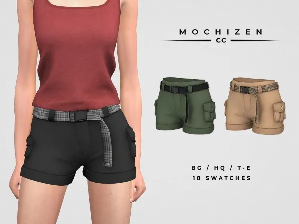 Alpha Mochizen Belted Cargo Shorts Female by mochizen-cc - The Sims 4 custom content
