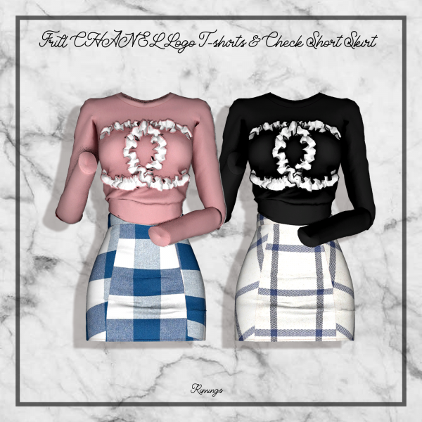 Alpha [RIMINGS] Frill CHANEL Logo T shirts Check Short Skirt by simsfinds - The Sims 4 Custom Content