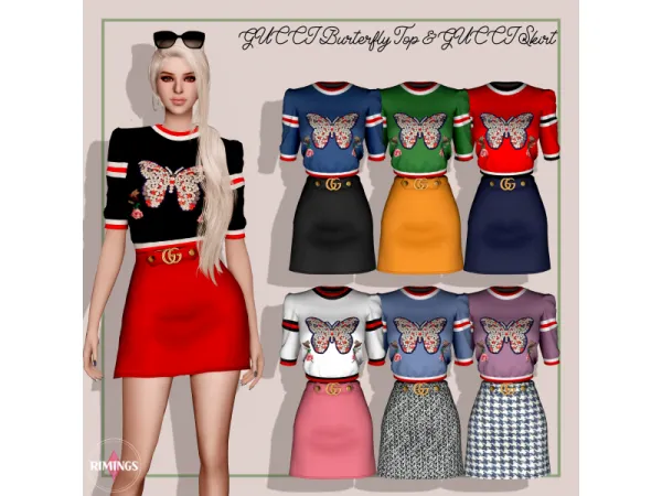 Alpha [RIMINGS] GUCCI Burterfly Top Skirt by RIMINGS - The Sims 4 Custom Content