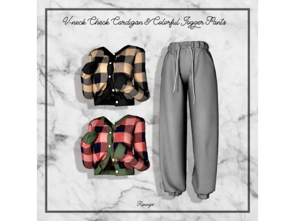 Alpha [RIMINGS] V neck Check Cardigan Colorful Jogger Pants by RIMINGS - The Sims 4 Custom Content
