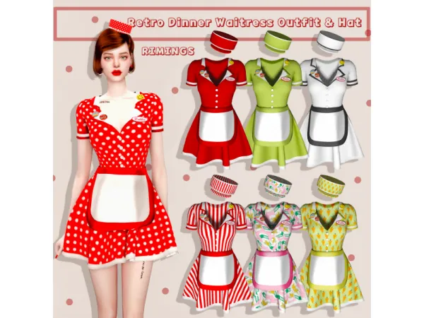 Alpha [RIMINGS] Retro Dinner Waitress Outfit Hat - The Sims 4 Custom Content