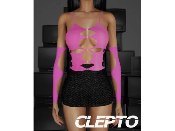 Alpha CLEPTO Rui Zhou top and fishnets Up skirt - The Sims 4 Custom Content