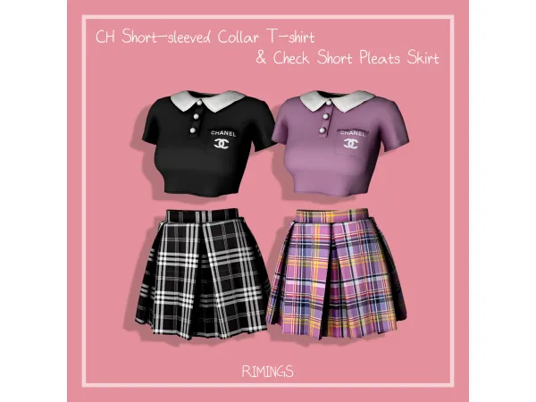 Alpha [RIMINGS] CH Short sleeved Collar T shirt Check Short Pleats Skirt by RIMINGS - The Sims 4 Custom Content