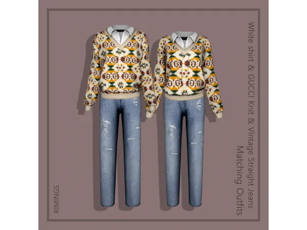 Alpha [RIMINGS] White shirt GUCCI Knit Vintage Straight Jeans Matching Oufits by RIMINGS - The Sims 4 Custom Content