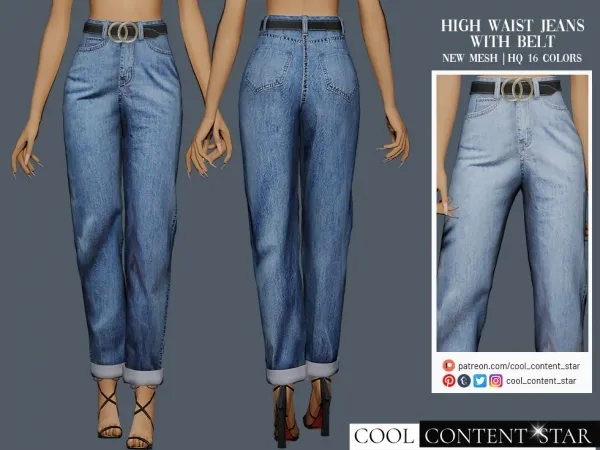 Alpha High Waist Jeans With Belt in 16 colors - The Sims 4 Custom Content