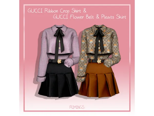 Alpha [RIMINGS] GUCCI Ribbon Crop Shirt GUCCI Flower Belt Pleats Skirt by RIMINGS - The Sims 4 Custom Content