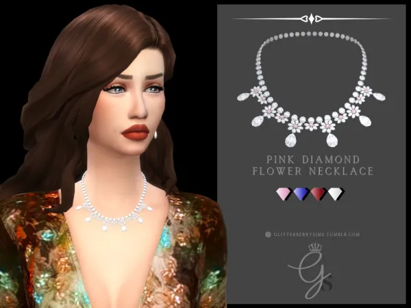 Mix Pink Flower Diamond Necklace by Glitterberry Sims - The Sims 4 Custom Content