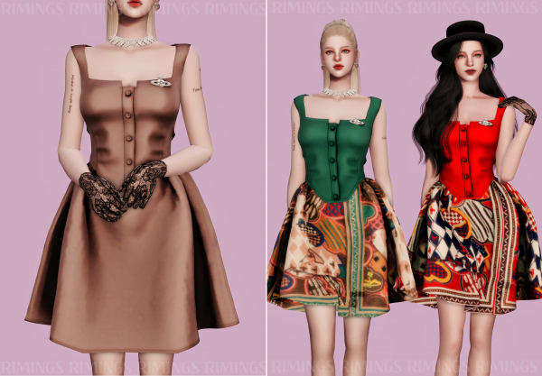 Alpha [RIMINGS] Vivienne Westwood Brooch Ruffle Dress by simsfinds - The Sims 4 Custom Content