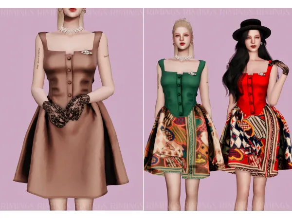 Alpha [RIMINGS] Vivienne Westwood Brooch Ruffle Dress by RIMINGS - The Sims 4 Custom Content
