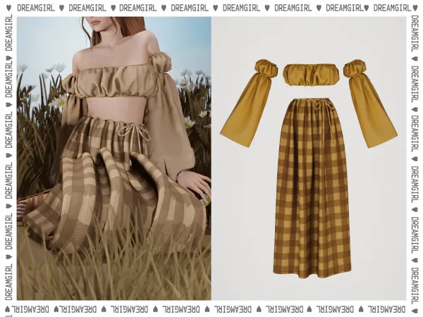 Alpha DREAMGIRL_OFF SHOULDER SCRUNCH TOP BOWTIE SKIRT - The Sims 4 Custom Content