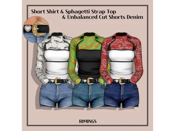Alpha [RIMINGS] Short Shirt Sphagetti Strap Top Unbalanced Cut Shorts Denim by RIMINGS - The Sims 4 Custom Content