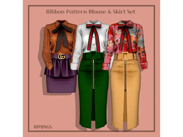 Alpha [RIMINGS] Ribbon Pattern Blouse Skirt Set by RIMINGS - The Sims 4 Custom Content