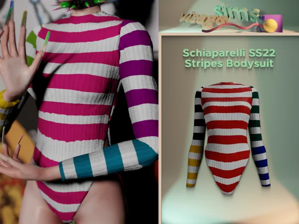 Alpha Schiaparelli SS22 Stripes Bodysuit - The Sims 4 Custom Content