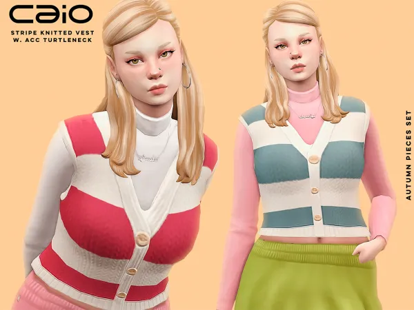 Maxis Match Stripe Knitted Vest (w acc turtleneck) - The Sims 4 Custom Content
