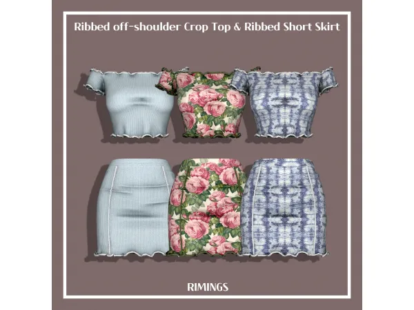 Alpha [RIMINGS] Ribbed off shoulder Crop Top Short Skirt by RIMINGS - The Sims 4 Custom Content