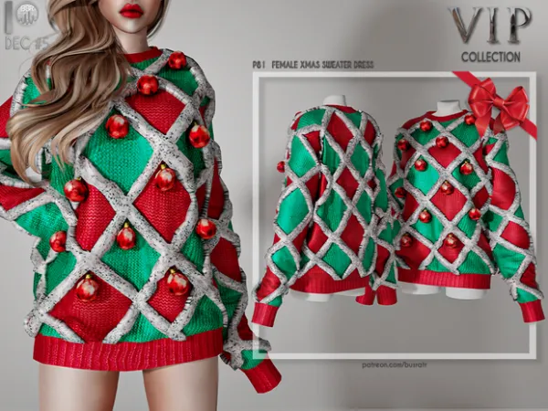 Alpha FEMALE XMAS SWEATER DRESS P81 tr by busra - The Sims 4 Custom Content