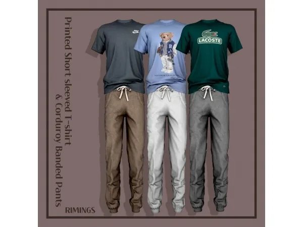Alpha [RIMINGS] Printed Short sleeved T shirt Corduroy Banded Pants by RIMINGS - The Sims 4 Custom Content