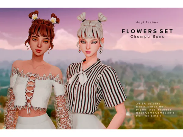 Maxis Match FLOWERS HAIR SET Champa Buns Hair by daylifesims - The Sims 4 Custom Content