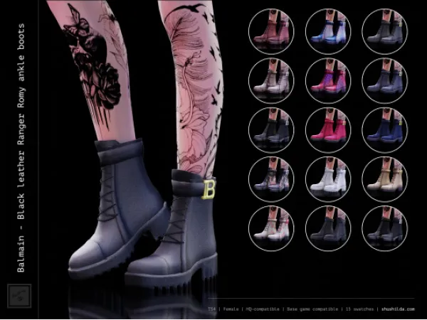 Alpha Black leather Ranger Romy ankle boots by shushilda - The Sims 4 Custom Content