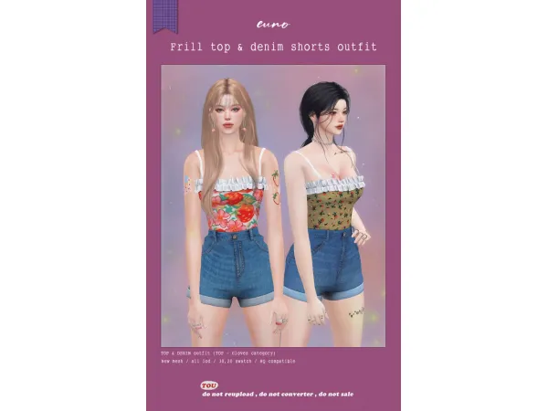 Alpha Frill sleeveless top denim shorts outfit by euno sims - The Sims 4 Custom Content